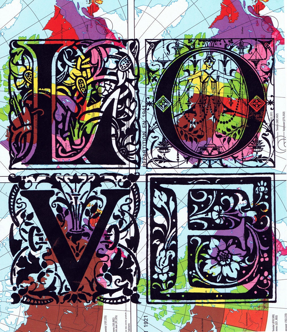 NEW / Vintage Map Page Prints / Gothic Love Letters Map