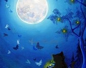 Butterflies and Fairy Lanterns - Serene Soft Blue Bed-Time Lantern & Butterfly  Moonscape - Giclee Painting Print