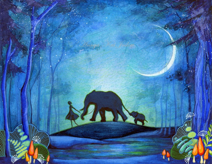 Girl with Elephants - Nature Hike Watercolor Painting Print - Elephant Blue Wall Art
