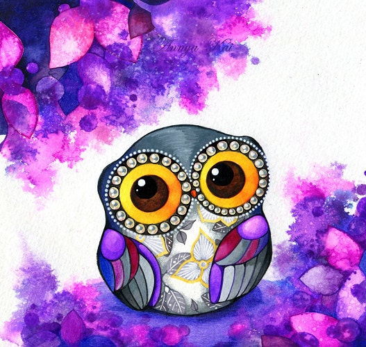 Owl in Purple Blossoms - OWL ART Fine Art Giclee  Painting Print - Colorful Whimsical Bird Artwork Owl Nursery Decor