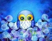 OWL ART - Whimsical Baby Blue Dandelion Flower Field - Owl Nursery Decor -  Painting Print by Annya Kai