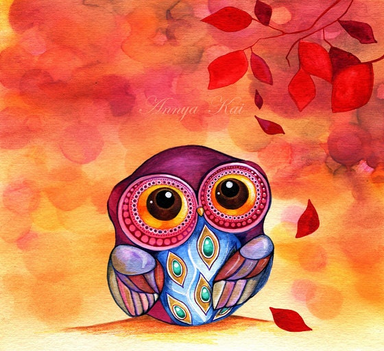 Owls First Fall Leaf - Colorful Whimsical Bird Wall Art - Watercolor Painting by Annya Kai