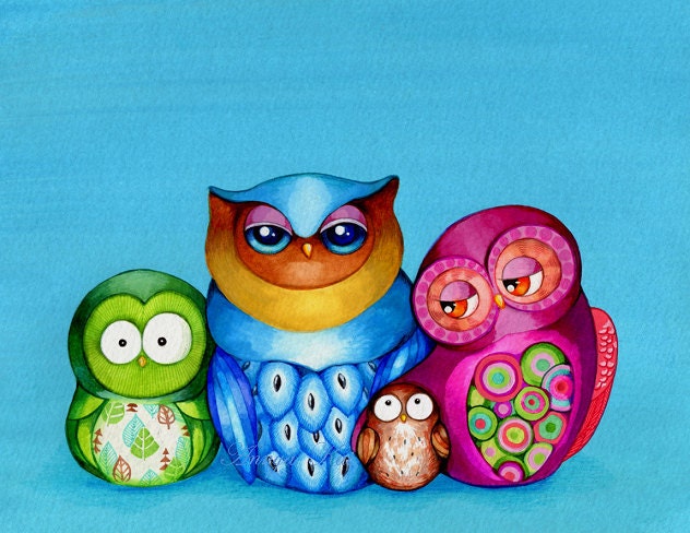 Owl Family Portrait - Owl Decor Turquoise Tiffany Blue Wall Art - Giclee Print by Annya Kai