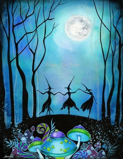 Witches Dancing Under the Moon - Haunted Mushroom Forest Woodland Fairy - 8.5 x 11 Painting Print