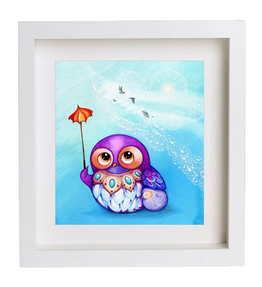 Spring Showers & Lace Clouds - OWL Painting Print - Spring Inspiration Bird Artwork Wall Art