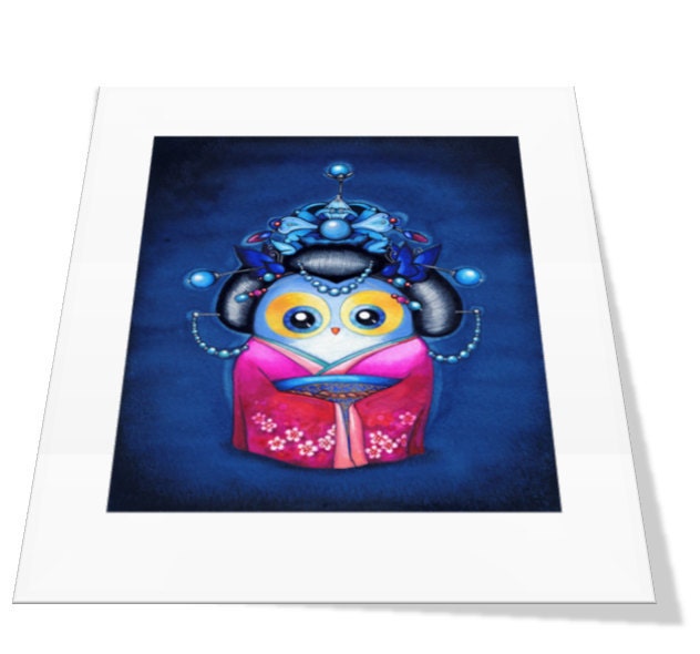Japanese Cherry Blossom OWL - Painting Print - Sparkly Little Owl in Jewels and Spring Flower Kimono by Annya Kai