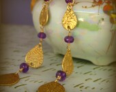 Repurposed Jewelry By Roia O'Brien - Amethyst and Gold Tear Drop Earrings - Upcycled Antique Tray