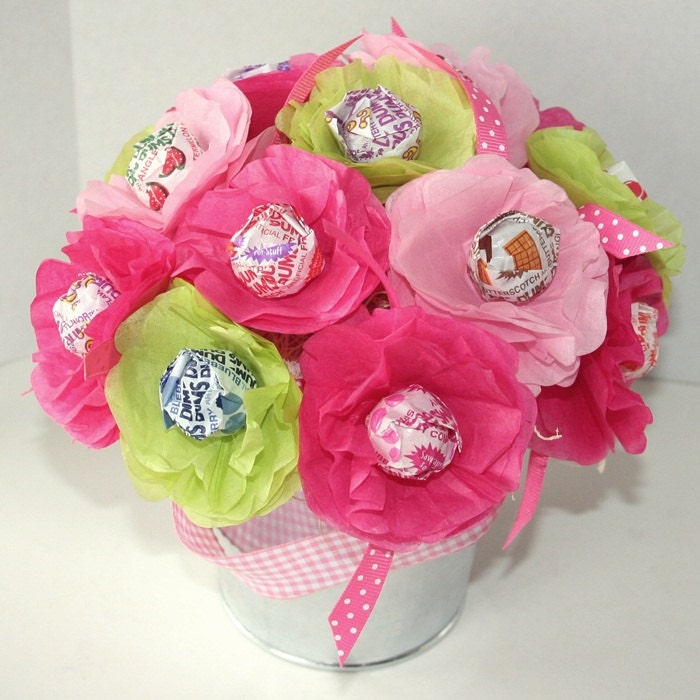 spring summer Tissue Paper Flowers Personalized Party Favor Lollipop Sucker Flower honeysuckle hot pink light pink and lime green Preppy