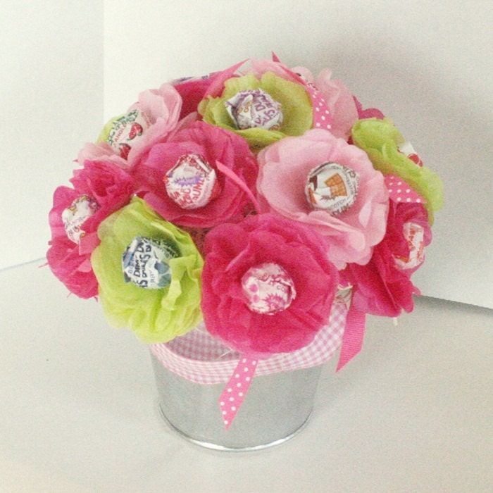 spring summer Tissue Paper Flowers Personalized Party Favor Lollipop Sucker Flower honeysuckle hot pink light pink and lime green Preppy