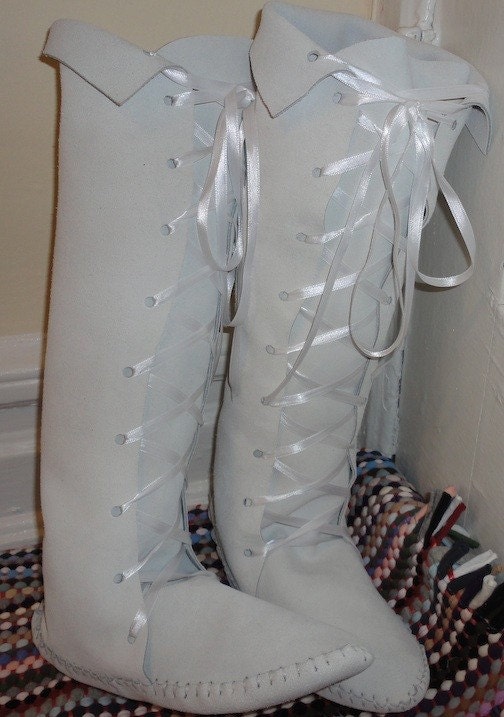 White Wedding suede Elf boots/Handmade mocassins with satin laces order your size