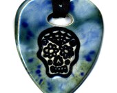 Sugar Skull Heart Ceramic Necklace in Blues