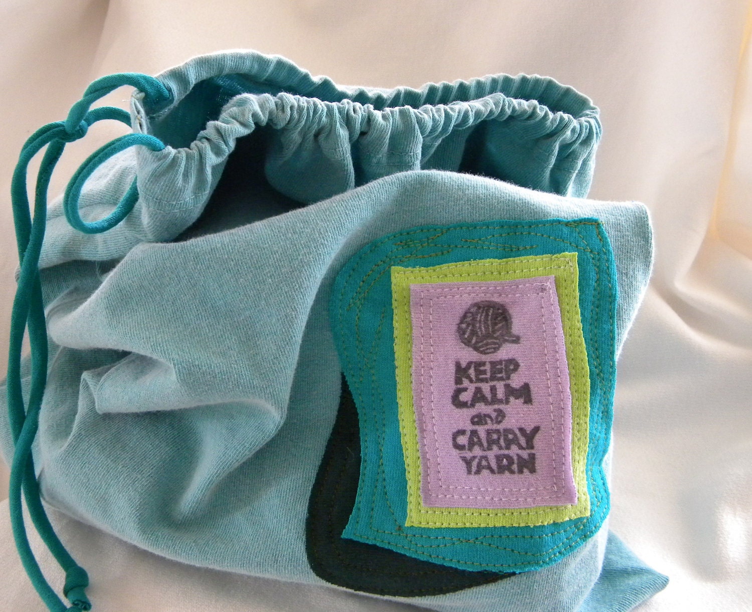 Upcycled T Shirt Bag Pouch Keep Calm and Carry Yarn Larger Sized Project Bag NOT lined