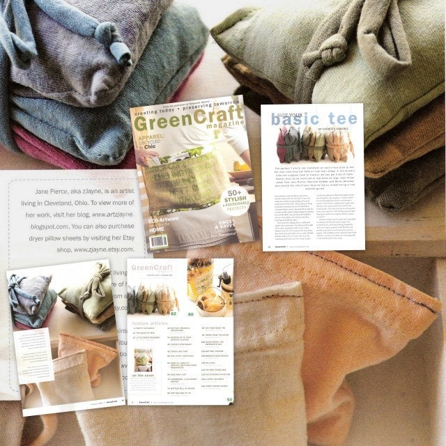 Natural green Dryer Sachet Sheet Alternative pillows SET of THREE 100% upcycled from tShirt materials