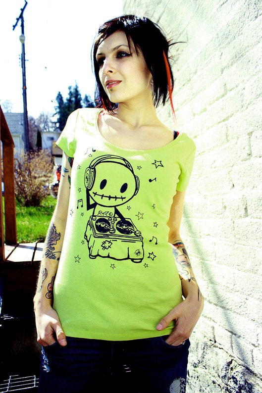 M Ladies Lime Green Scoop Neck Rocky the Zombie DJ tee