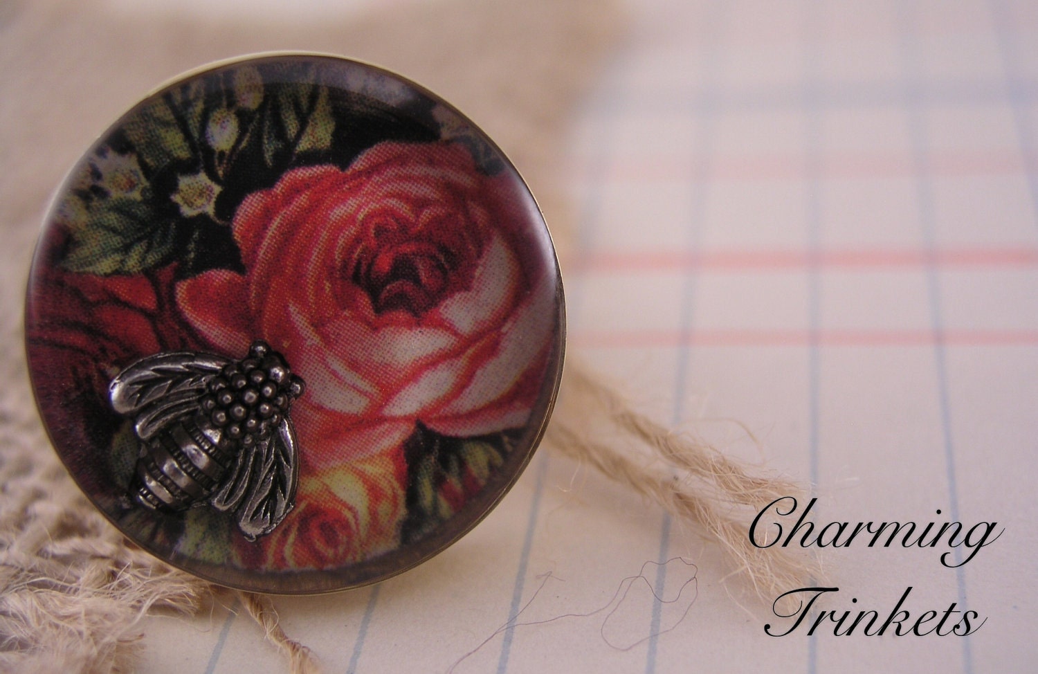 Resin Ring with Bee on Rose Adjustable in Brass