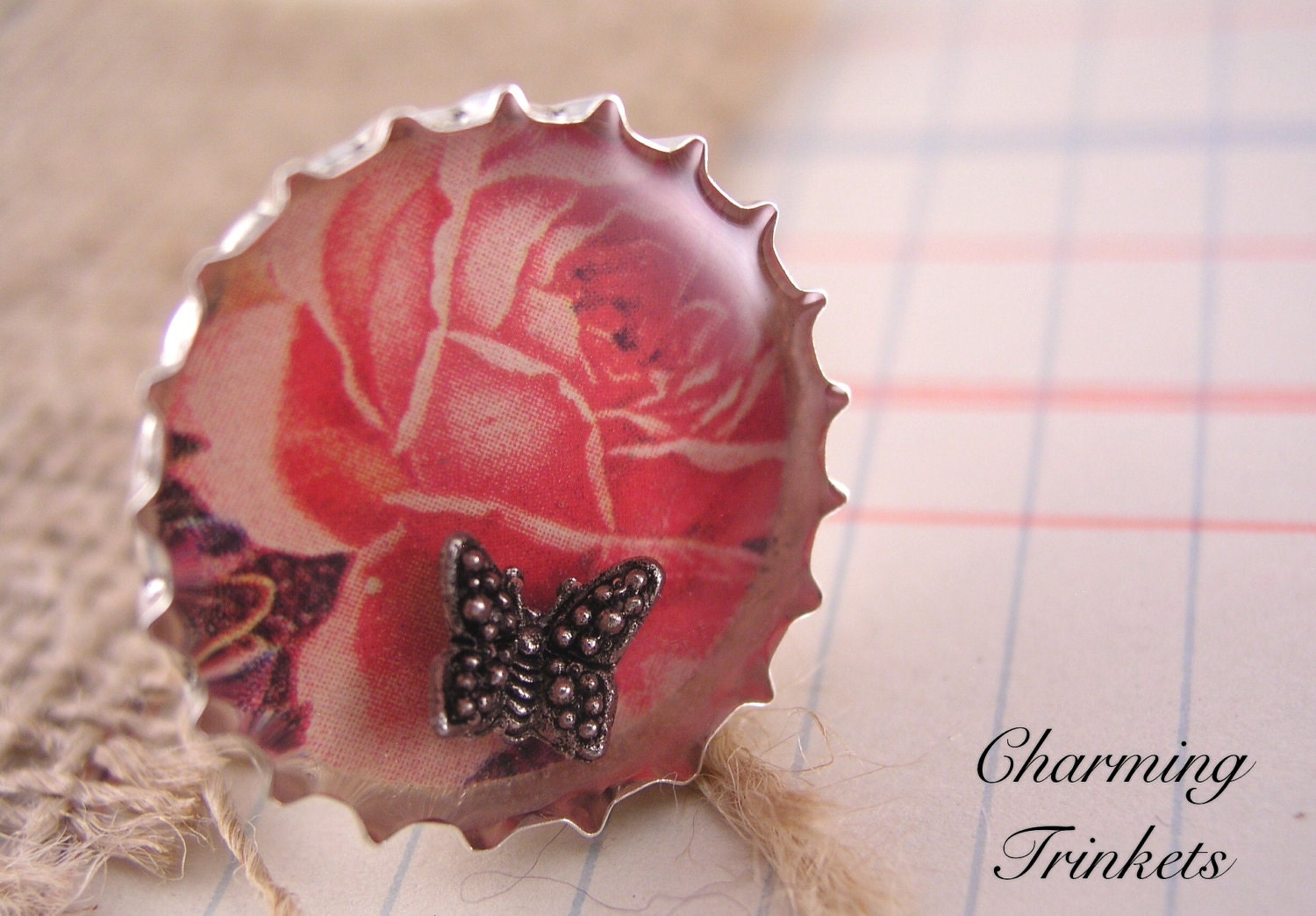 Resin Ring with Butterfly on Rose Adjustable in Silver Plated Bottle Cap