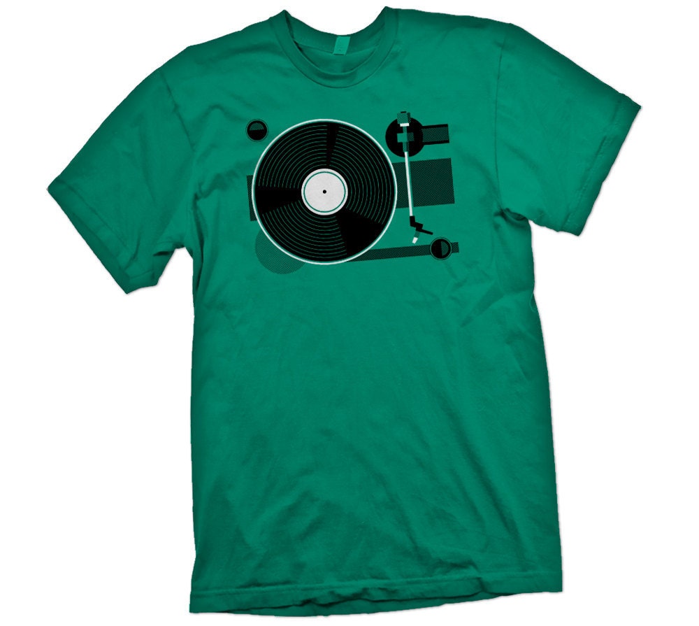 Record Tee- Green- Hand-printed Tee Shirt