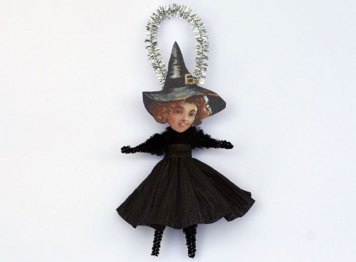 Set of 2 Chenille Witch Halloween Ornaments - Vintage Style