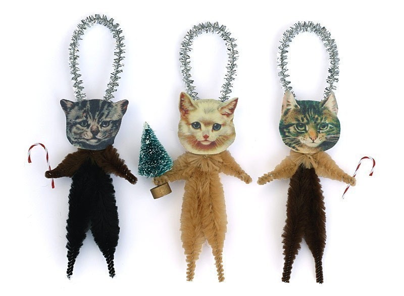 Cat Christmas Tree Ornaments - Stocking Stuffer Under 25 - Pet Lover Hostess Gift - oldworldprimitives