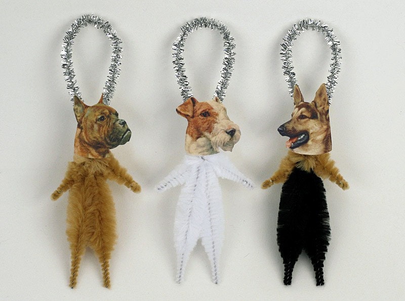 Dog Ornaments - Handmade Chenille Holiday Ornaments - Pet Lover - German Shepard, Boxer, Fox Terrier
