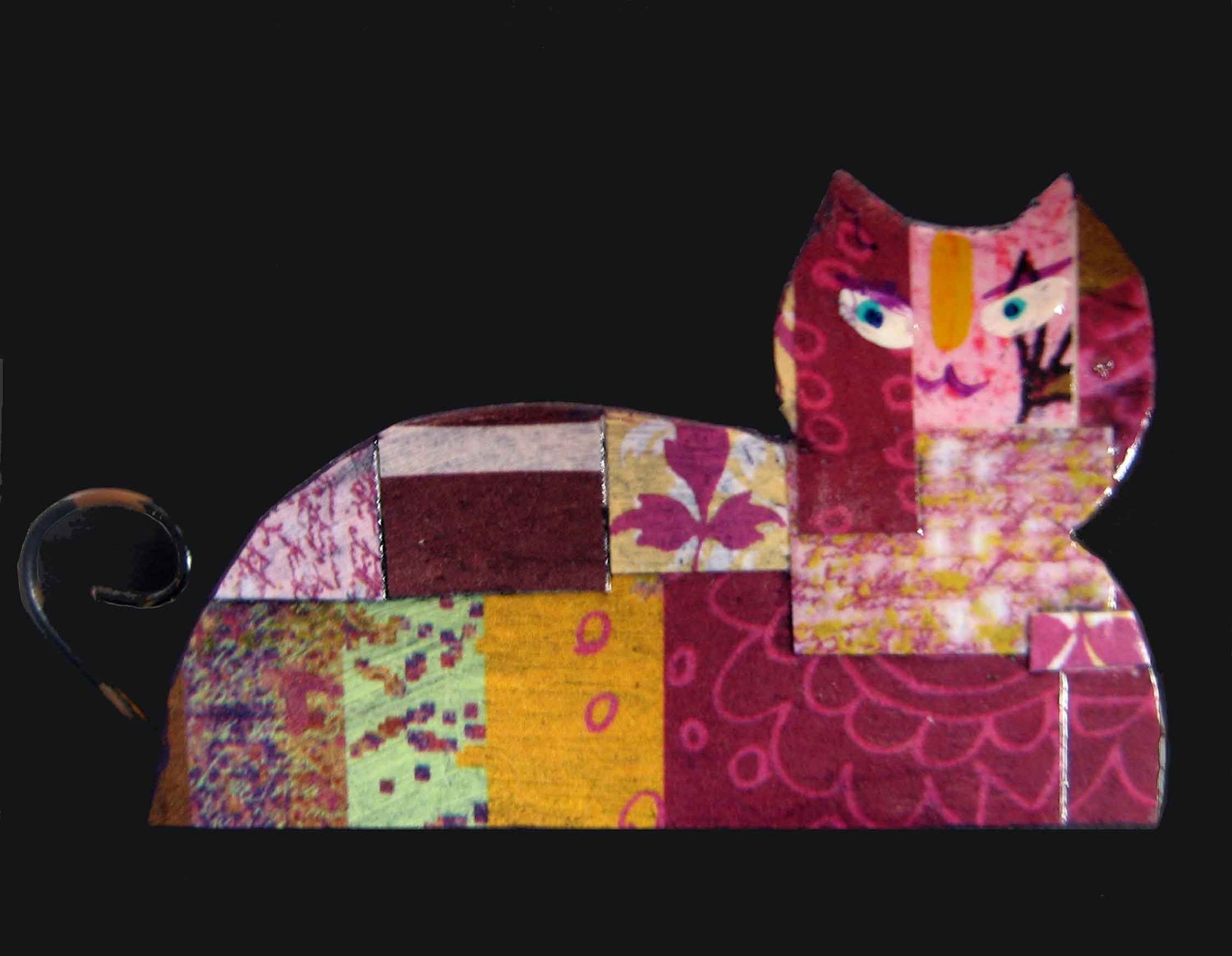 Purple paper collaged Cat pin