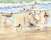 Decking the Tree sandpipers lighting driftwood Christmas tree giclee print