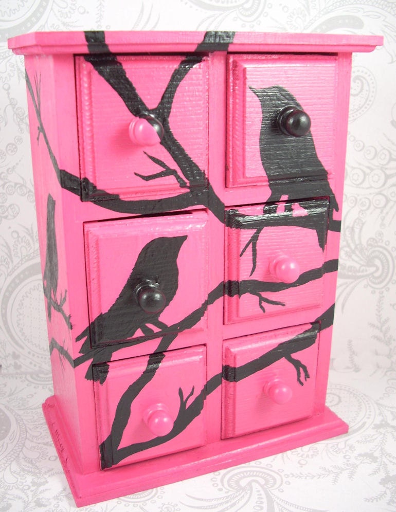 Hot Pink Black Bird Stash Jewelry Box