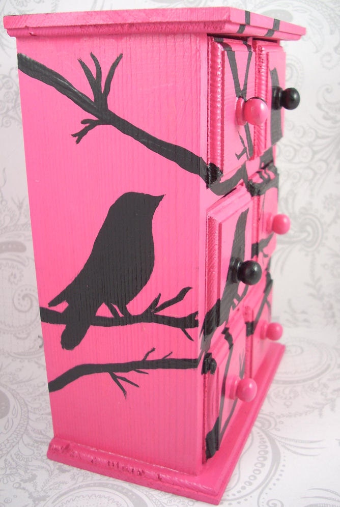 Hot Pink Black Bird Stash Jewelry Box