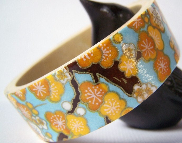 Japanese Chiyogami Wood Bangle Bracelet - Golden Blossoms