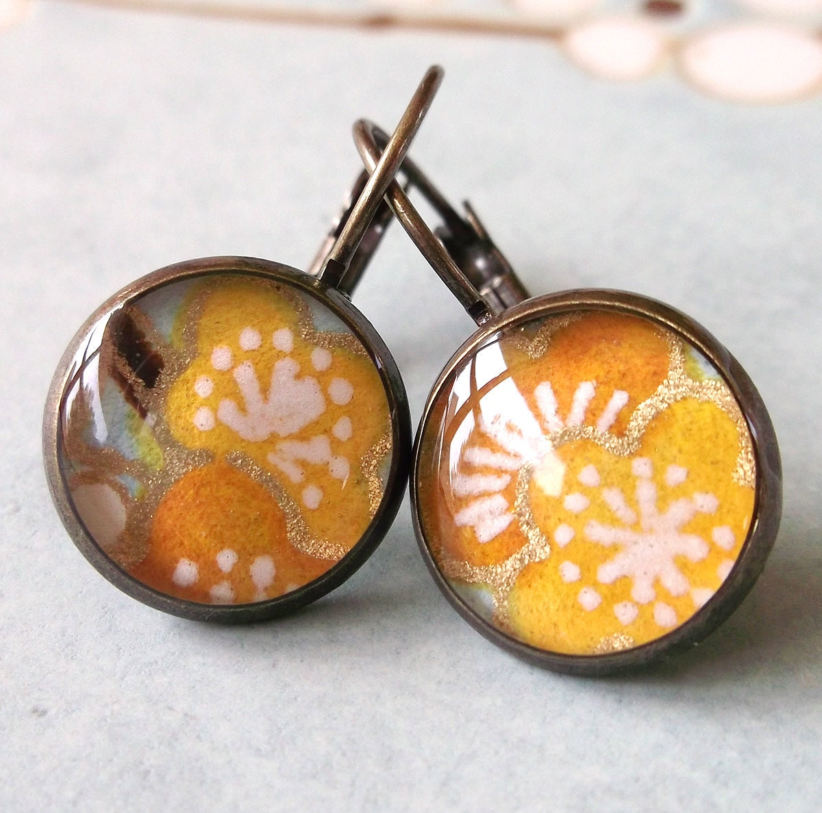 Earrings Brass Japanese Chiyogami Washi - Golden Delights