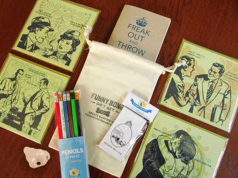 Funny Bone Gift Pack - 1 Notebook, 6 Pencils, 4 Cards, 15 Discreet Contempt Cards