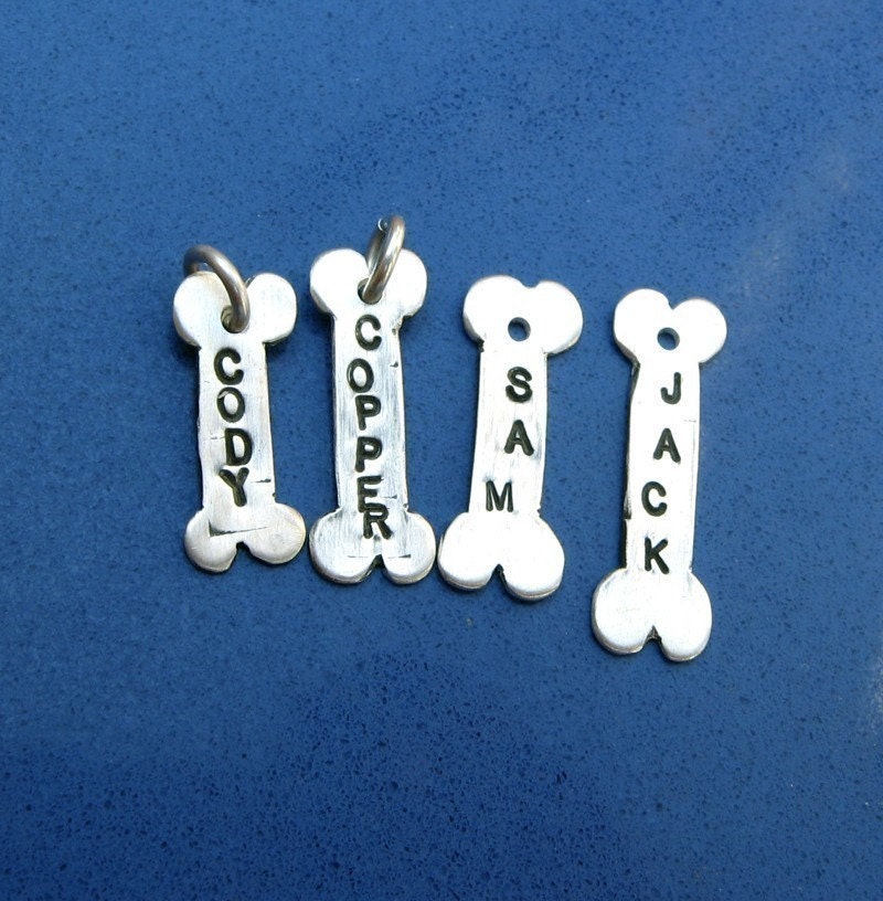 TWO Dog Bone name tags in sterling silver pendant charm
