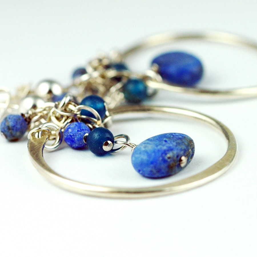 SIlver and Blue Boho Earrings - Recycled Silver and Sapphire Blue Lapis Gemstones - Hoops - Dangle earrings - September girl
