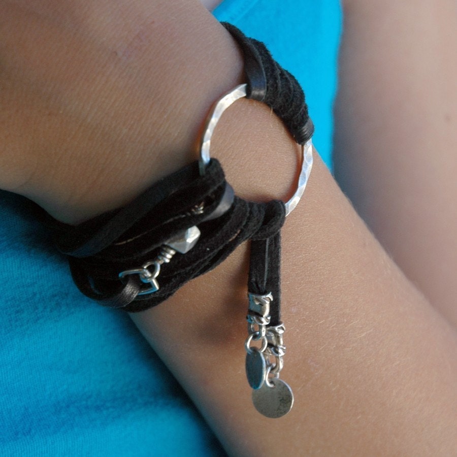 Boho WRAP bracelet  - or necklace - black leather suede - recycled sterling silver - Ready to Ship