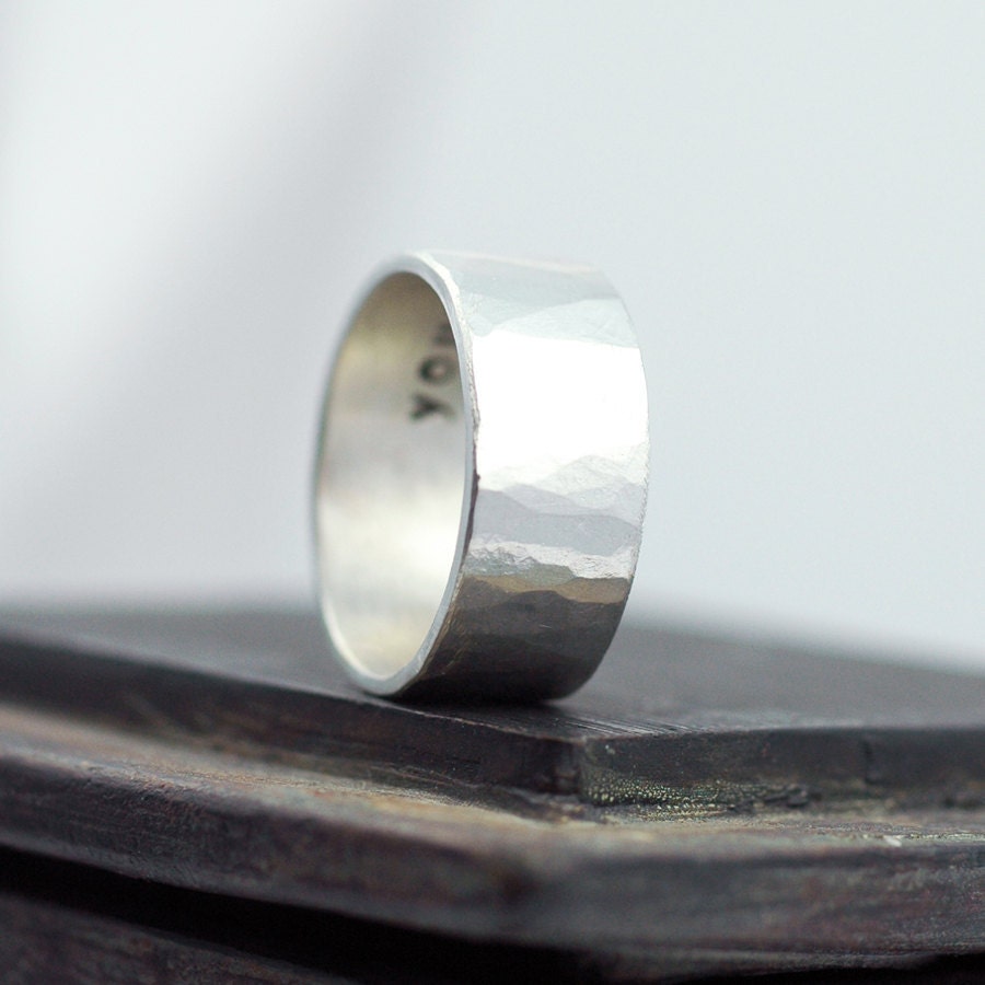 Wedding band - Mens wedding ring - 10mm wide - Recycled Sterling Silver - Hammered - Mens Rustic Wedding Ring