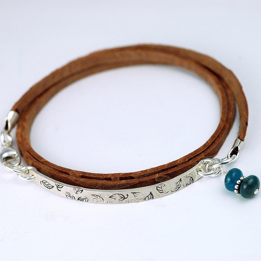 Leather Wrap Bracelet - Silver Handstamped Bar - Custom and Personalized - Brown Leather - Inspiration Message