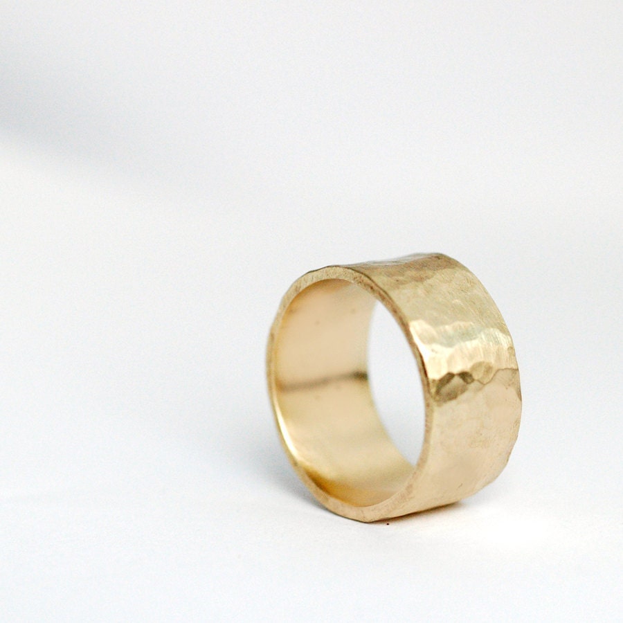 Gold Wedding Band for him - Rustic Hammered Texture - 14 karat gold - 10mm wide - - thebeadgirl