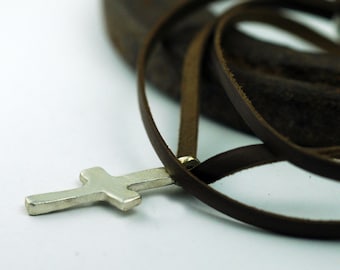 Silver Cross Bracelet on Brown Leather - Wrap Bracelet or Neckace - Rustic - Recycled EcoFriendly - My everyday favorite faith statement