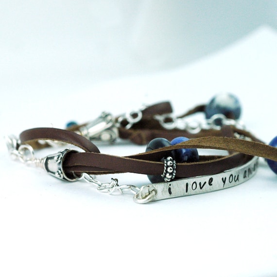 Leather and Silver Bracelet with Blue Gemstones - HandStamped Bar - Custom and Personalized - Recycled Metal - Leather Jewelry
