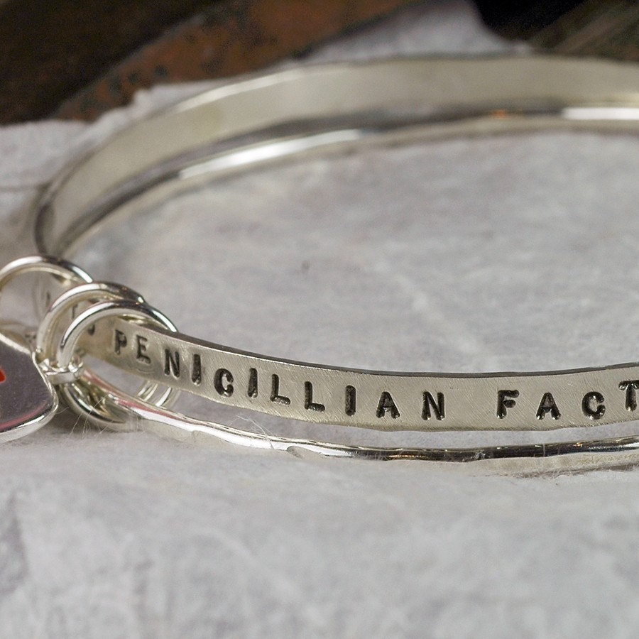 Medical Alert Bracelet - Recycled Sterling SIlver Bangle Set - Custom Hand Stamped and Personalized with Charms
