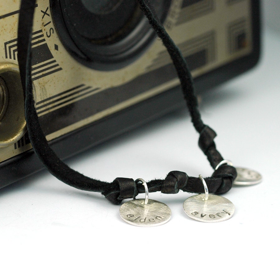 Leather Wrap Bracelet for Mom in Recycled Metal and Black Suede - Hand Stamped and Personalized - Custom- four name disks