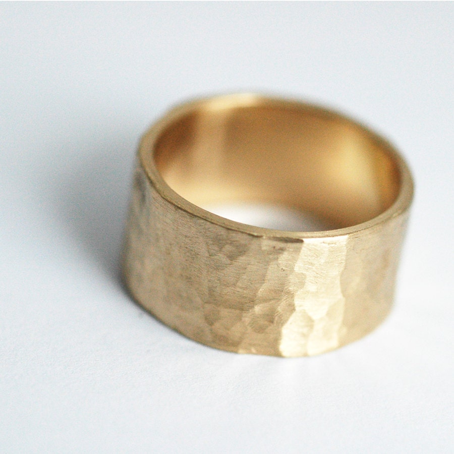 Gold Wedding Band - 14 karat gold - Rustic Hammered Texture - 10mm wide