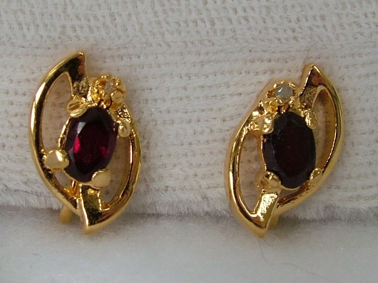 Vintage Garnet Earrings with Rhinestones, Clip-on, ca 1980