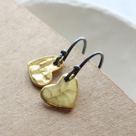 l o v e - tiny gold vermeil heart earrings with oxidized sterling silver earwires