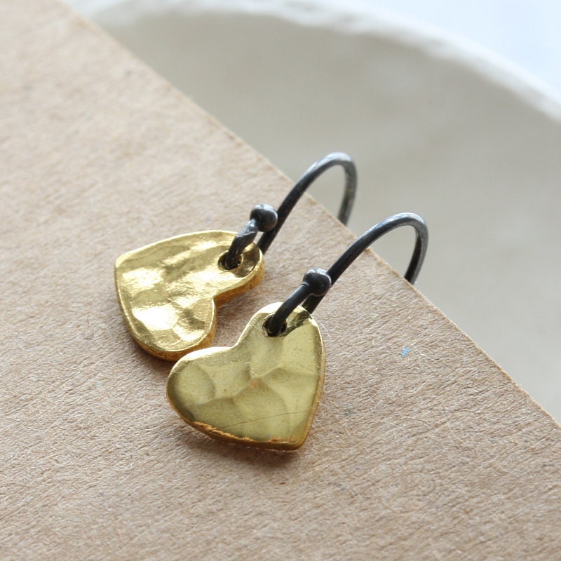 l o v e - tiny gold vermeil heart earrings with oxidized sterling silver earwires