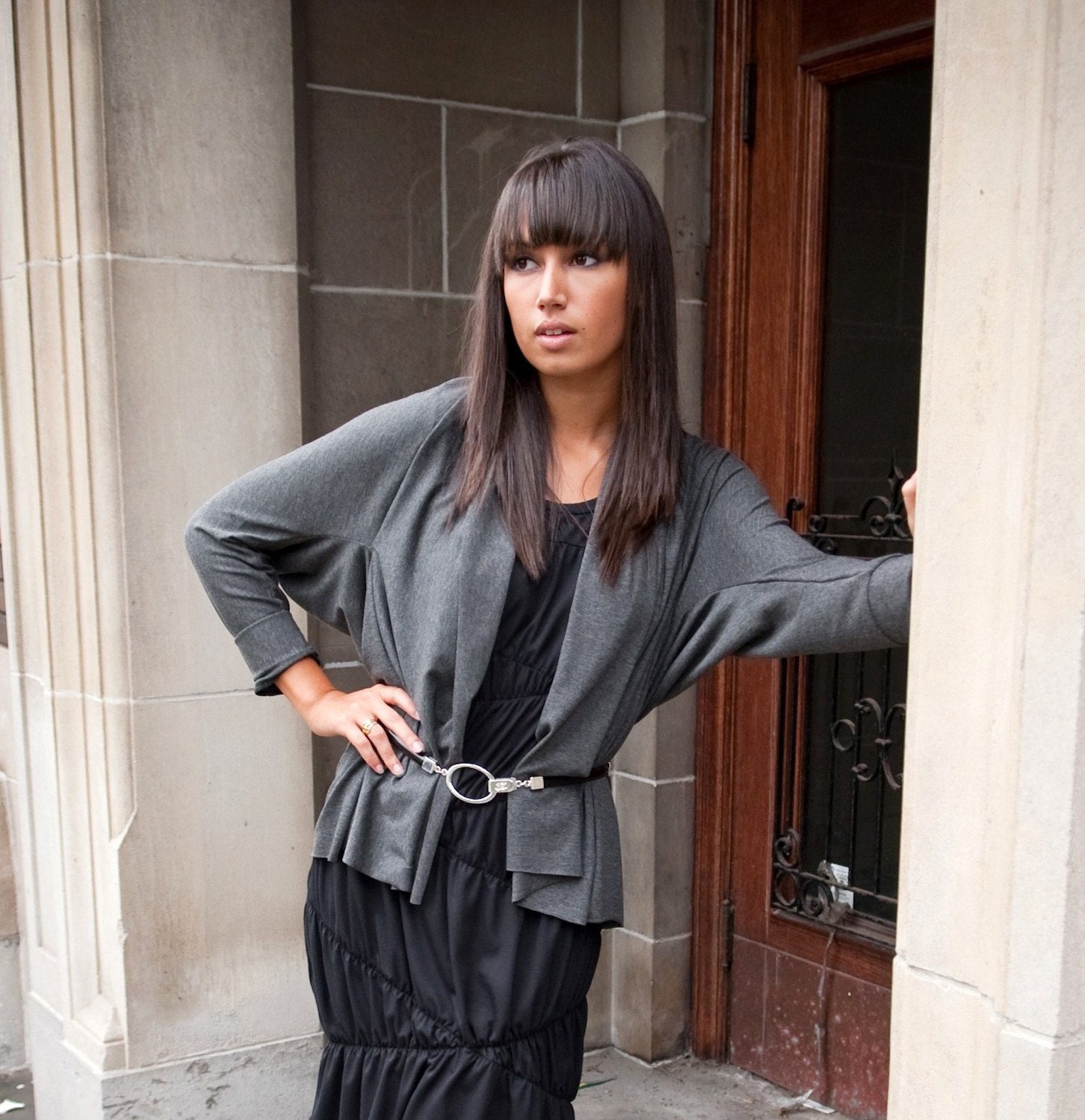 Women's cocoon cardigan with long sleeves in gray rayon jersey
