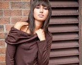 Off the shoulder long sleeve top - custom made in brown bamboo jersey in xsmall, small, medium, large, Xlarge