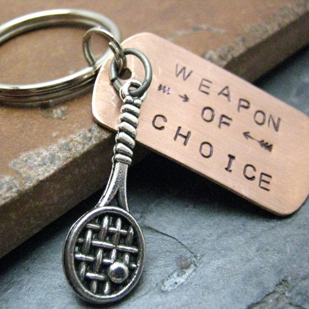 TENNIS RACQUET Weapon of Choice Keychain hand stamped alt charms available, best seller