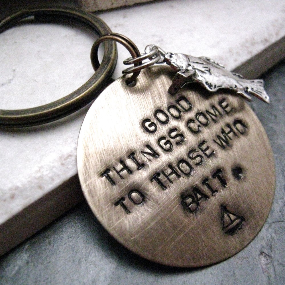 Good Things Comes to Those Who Bait Key Chain, antique brass comes with fish on a hook