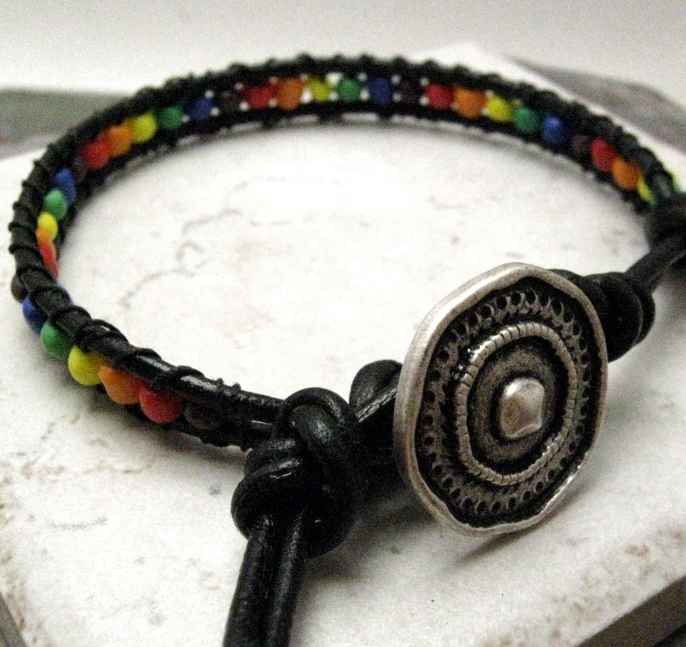 Rainbow Single Wrap Beaded Leather Bracelet, gunmetal button for clasp, lgbt, gay pride,READY TO SHIP, please read listing